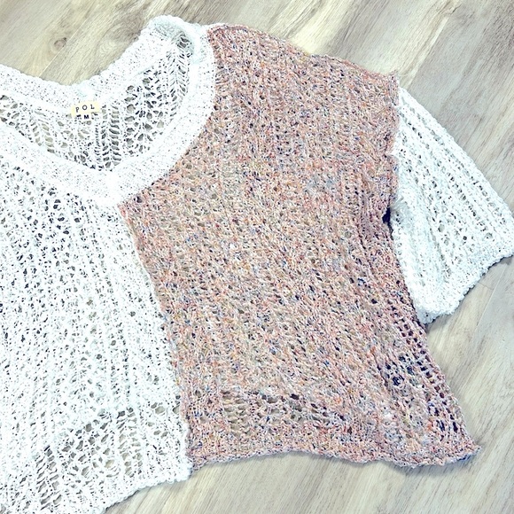 POL Boho Chic Oversized Crochet Knit Off-the-Shoulder Two-Tone V-Neck Sweater M - Picture 3 of 9